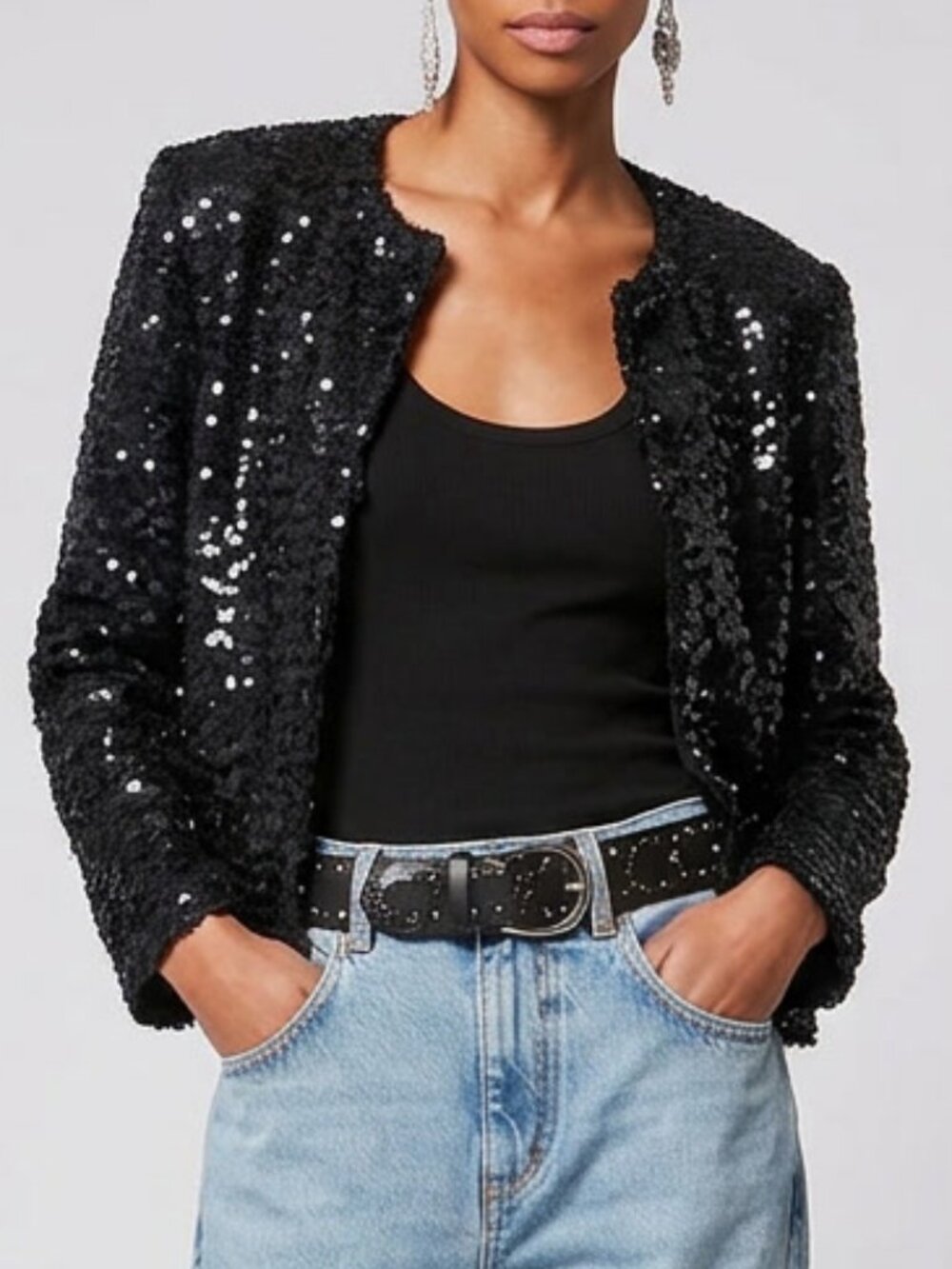 Vintage 80s Maximalist Colarless Cropped Back Sequin Jacket Size 8
